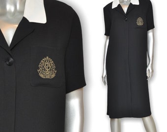 Vintage Women’s Little Black Dress with White Color and Gold Embroidered Crest 14