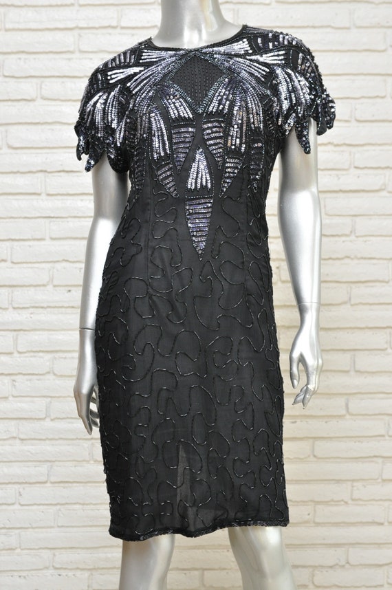 Vintage Black Silver Silk Beaded Dress Size Small… - image 7