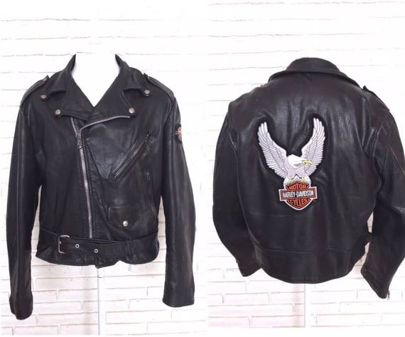 Vintage Black LEATHER Motorcycle Police Jacket Front … - Gem