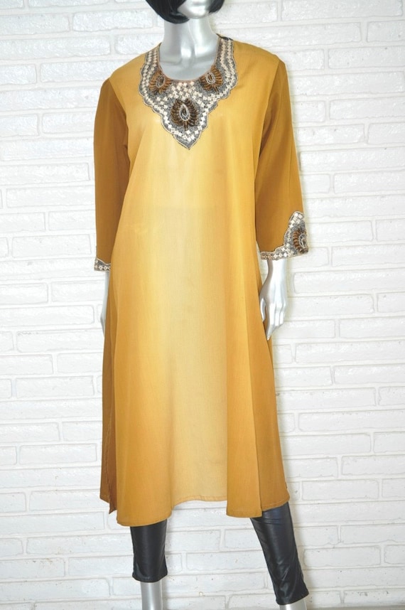 Vintage Indian Kaftan Top Gold Brown and Rust Colo