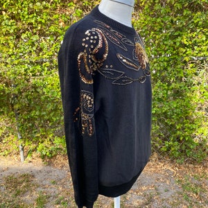 Vintage Black Sweater Gold Sequins and Beading 80s Knit Pullover Size Large imagem 3