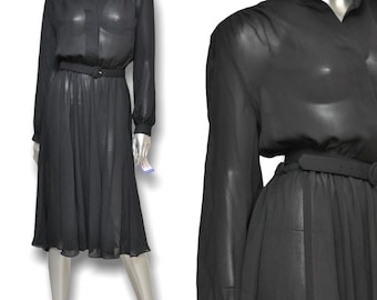 Vintage Black Sheer Midi Dress Belted Long Sleeve Womens Mid Calf Dress Size M