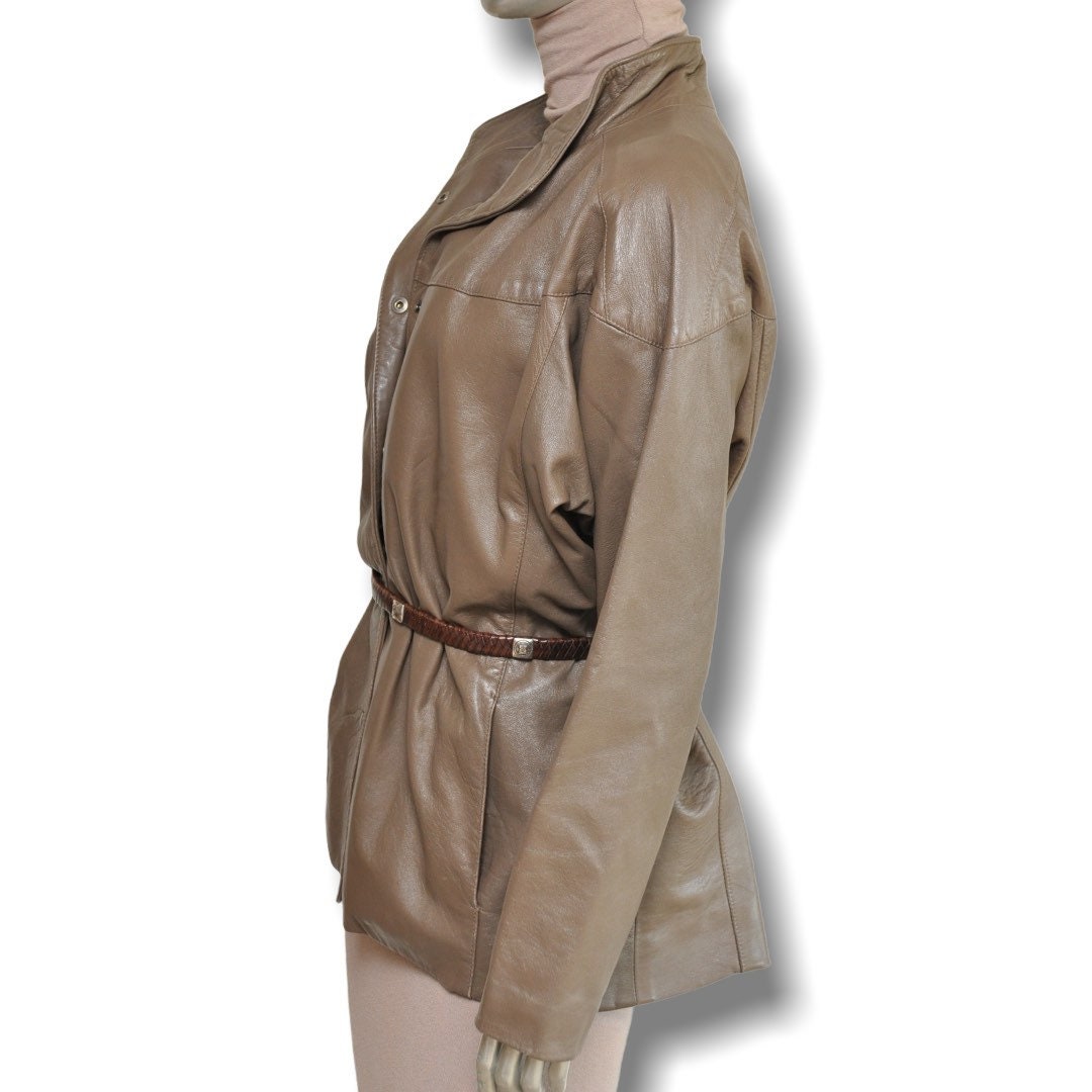 Vintage Army Green Leather Jacket Womens Relaxed Fit Belted Etsy