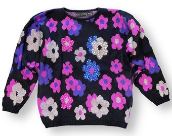 80’s Floral Sweater Black Pink Purple Beaded Knit Sweater M/L