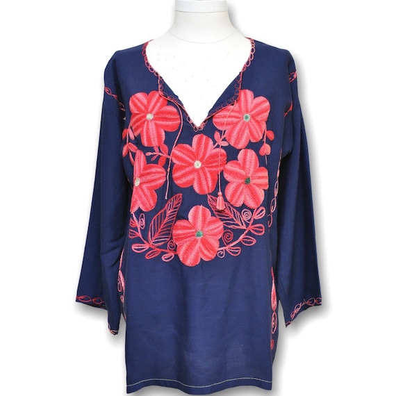 Vintage Navy Blue Tunic Blouse with Pink Floral E… - image 2