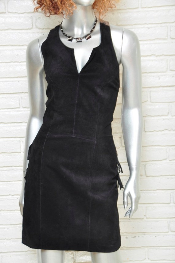 Vintage Black Suede Dress with Leopard Print and … - image 1