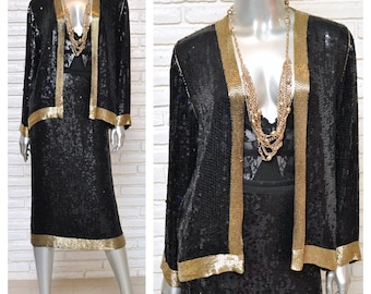 Vintage Black Sequins Blazer and Skirt Set with Gold Beaded Trim Womens Formal 2 Piece Skirt Suit