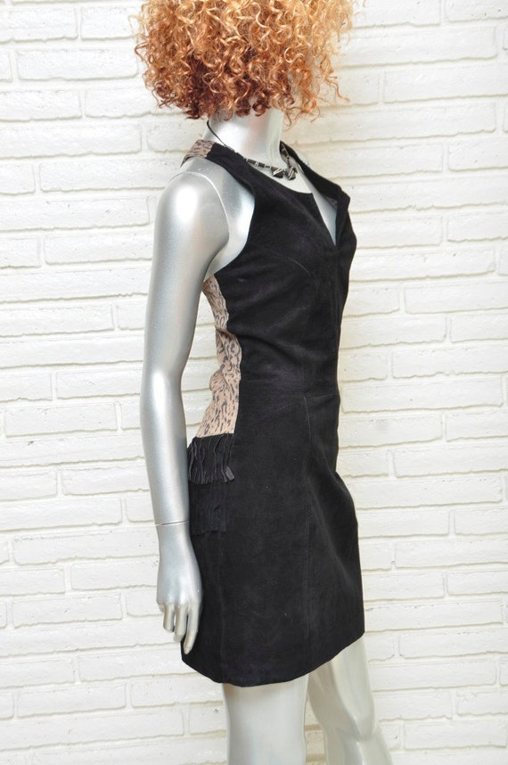 Vintage Black Suede Dress with Leopard Print and … - image 3
