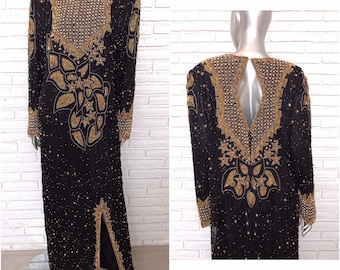 Black and Gold Beaded Sequins Full Length Evening Gown 100% Silk Long Bohemian Formal Kaftan Dress M Modest