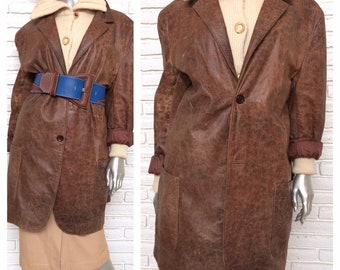 Womens Brown Distressed Leather Oversized Blazer XL Loose Fit Boho Relaxed 80's Jacket