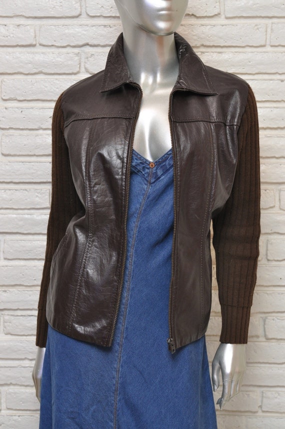 70's Dark Brown Leather Jacket with Ribbed Knit B… - image 3