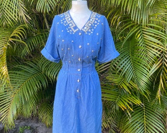 Vintage 80’s Jean Dress with Silver and Rhinestone Studs M Light Wash Denim