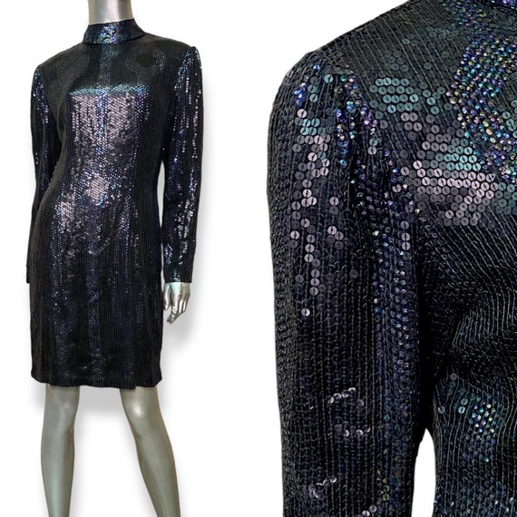 Vintage Black Sequins And Beaded Dress Womens Med… - image 1