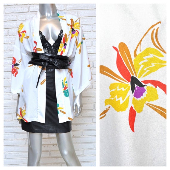 Vintage White Kimono Jacket with Orchid Floral Pr… - image 1