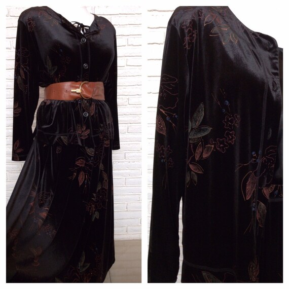 Vintage Black Velvet Floral Print Jacket and Skirt
