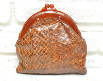 Vintage Tan Leather Snakeskin Change Bolsa de bolso