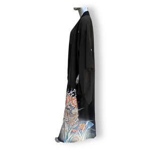 Vintage Kimono Womens Black Floral Print Duster Coat Robe Medium Large Japanese image 3