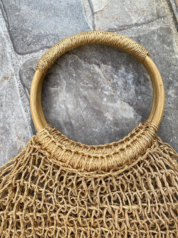 Vintage Net Market Bag with Wood Handle Boho Purse - image 2