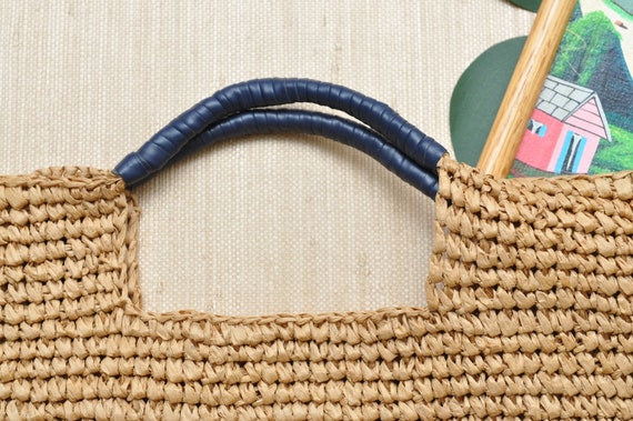 90’s Paper Straw Market Bag Beige Weaved Summer B… - image 3