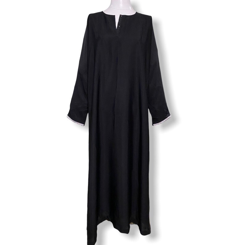 Vintage Black Kaftan Dress with Rhinestone Trim Size Medium Full Length Long Sleeve Tunic Dress image 6