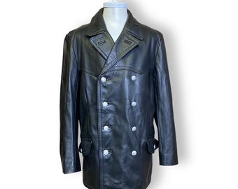 Vintage Hackel and Co Leather Peacoat Men’s Large Black Winter Military Jacket Double Breasted 1975 Germany