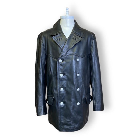 ジャケット・アウター OLD HAMNETT LEATHER TAILORED JACKET Vintage Hackel and Co Leather Peacoat Men's Large Black
