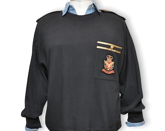 Vintage Black Sweatshirt with Gold Epaulettes and Crest Design Military Style