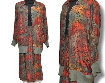 Vintage  Snakeskin Print Skirt Set Long Maxi Skirt and Jacket Army Green Orange Animal Print Size XL 12/14