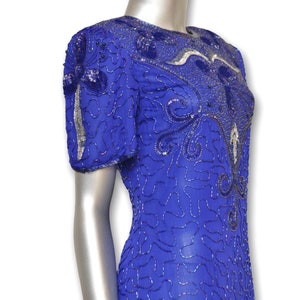 Vintage Blue Silk Dress with Sequins and Beading Knee Length Formal Gown with Keyhole Back