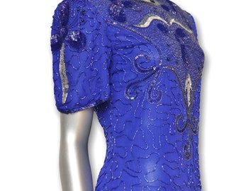 Vintage Blue Silk Dress with Sequins and Beading Knee Length Formal Gown with Keyhole Back