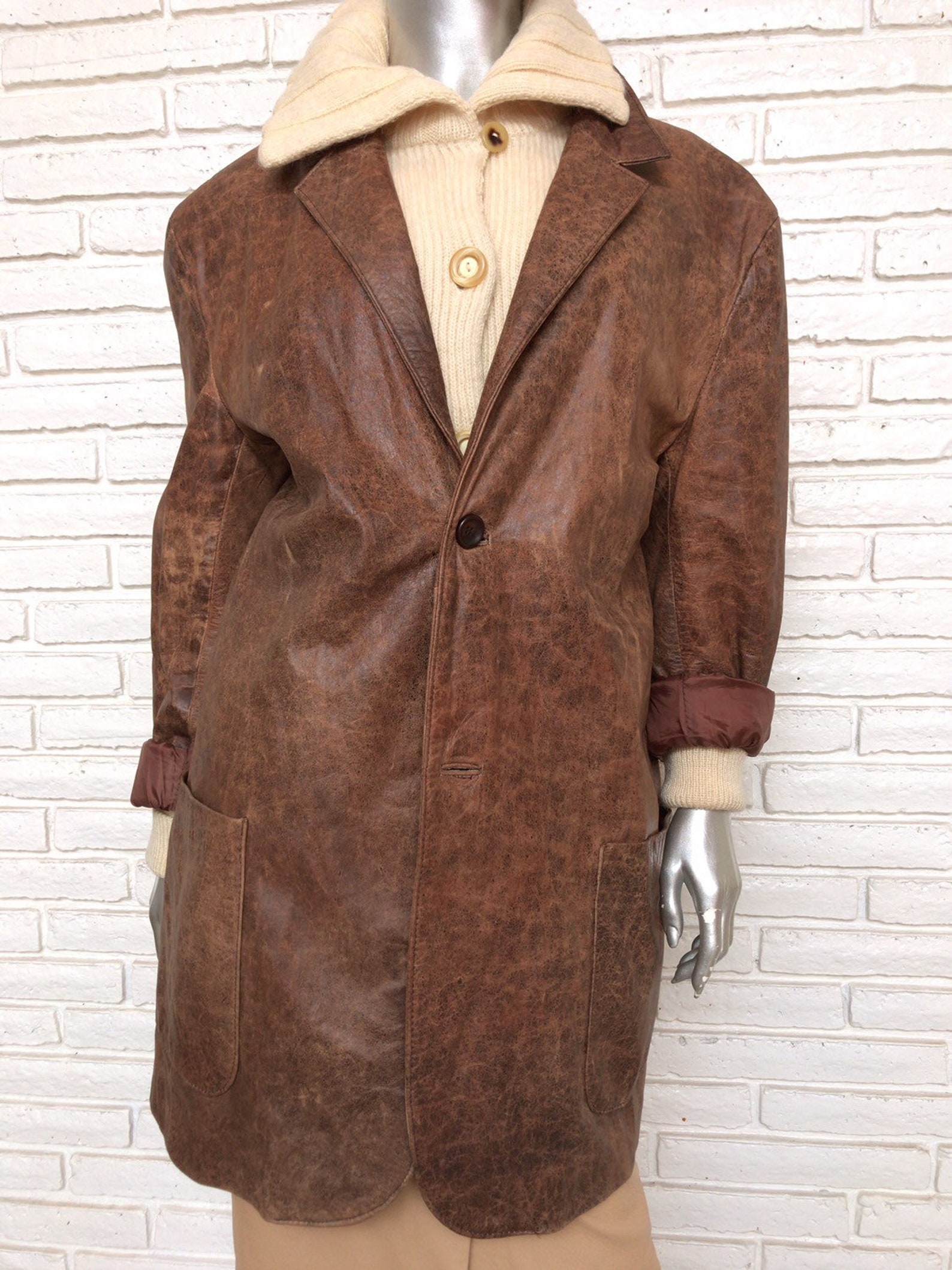 Womens Brown Distressed Leather Oversized Blazer XL Loose Fit - Etsy