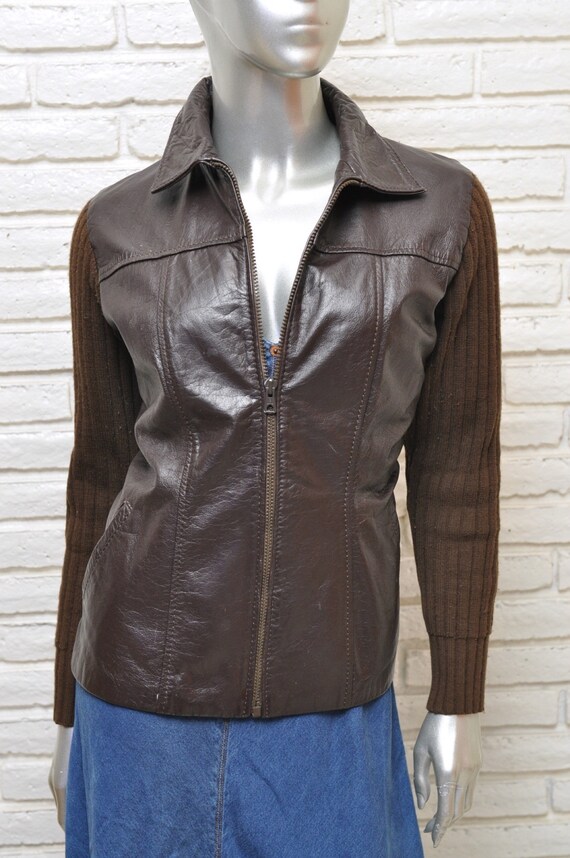70's Dark Brown Leather Jacket with Ribbed Knit B… - image 4