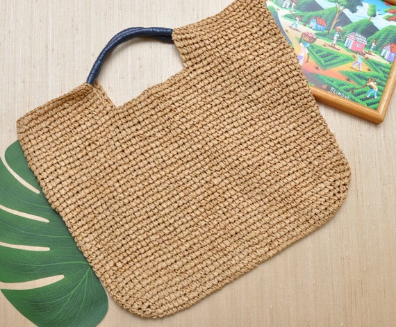 90’s Paper Straw Market Bag Beige Weaved Summer B… - image 2