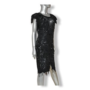 Vintage Laurence Kazar Black Beaded Dress Sheer Sweet Heart Neck Knee Length Sequins Party Gown 8 image 8