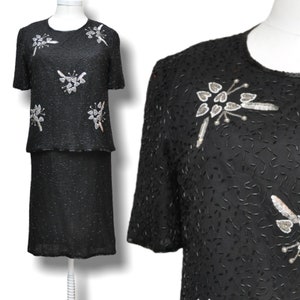 Vintage Black Silk Beaded Blouse and Skirt Set Size Large Formal Part Skirt Suit L