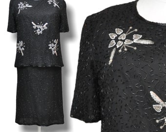 Vintage Black Silk Beaded Blouse and Skirt Set Size Large Formal Part Skirt Suit L