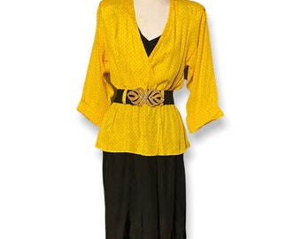 Vintage Black and Yellow Peplum Dress by David Benjamin Size 8 Belted 80’s Dress