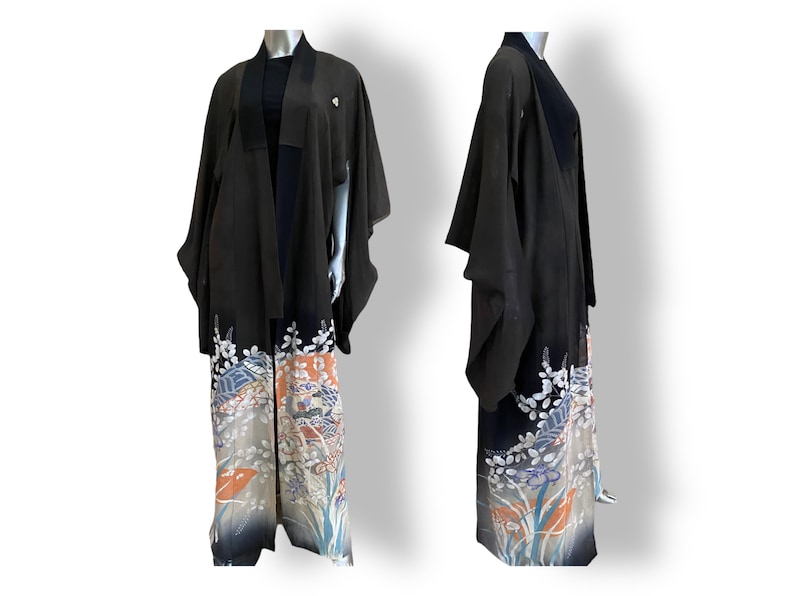 Vintage Kimono Womens Black Floral Print Duster Coat Robe Medium Large Japanese image 1