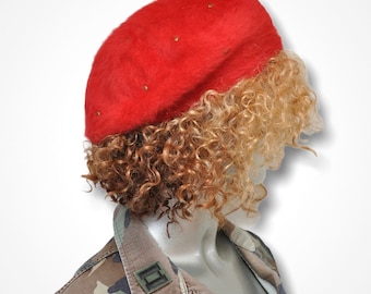 Vintage Kangol Angora Beret, Bright Red Fur Hat, Made in UK  display picture 3