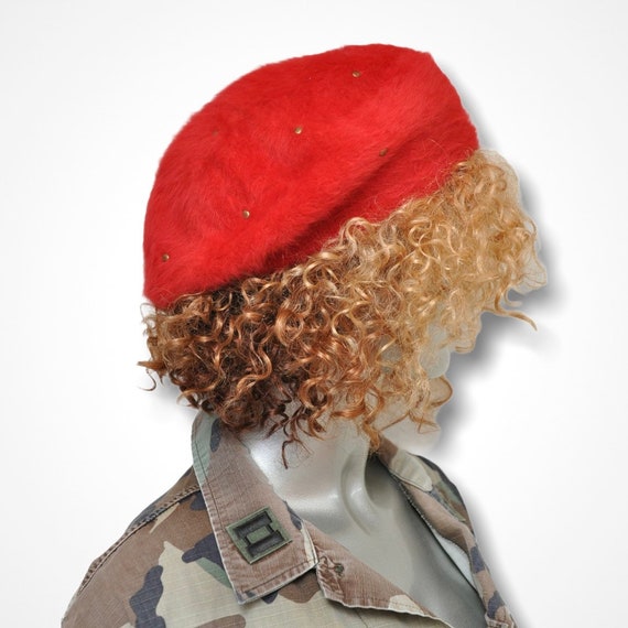 Angora Tam Beret Hat With Gold Studs 