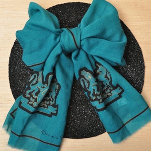 Vintage Oscar De La Renta Blue Green Wool Scarf with Lion and Unicorn Royal Crest image 1