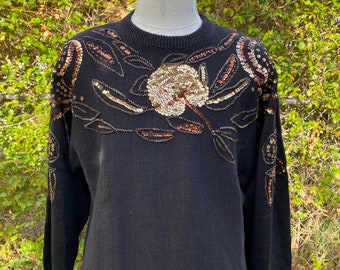 Vintage Black Sweater Gold Sequins and Beading 80’s Knit Pullover Size Large