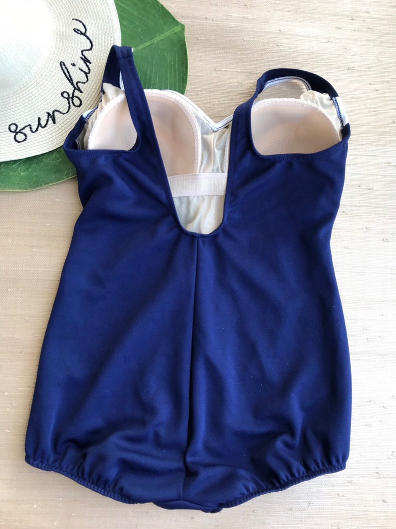 Vintage Women's Swimsuit One Piece Navy Blue White Swim Dress Summer 70's Bloomer Swimwear L image 2