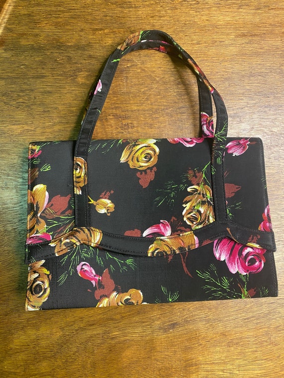 Vintage Purse Floral Print Black Pink Rose Bag