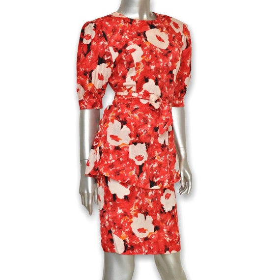 Vintage Red Silk Women’s Skirt Suit Floral Print … - image 5