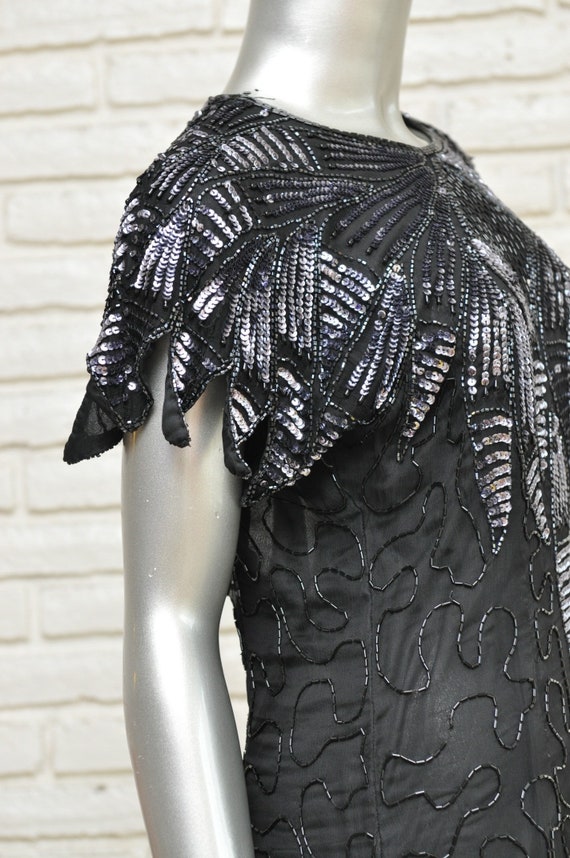 Vintage Black Silver Silk Beaded Dress Size Small… - image 5