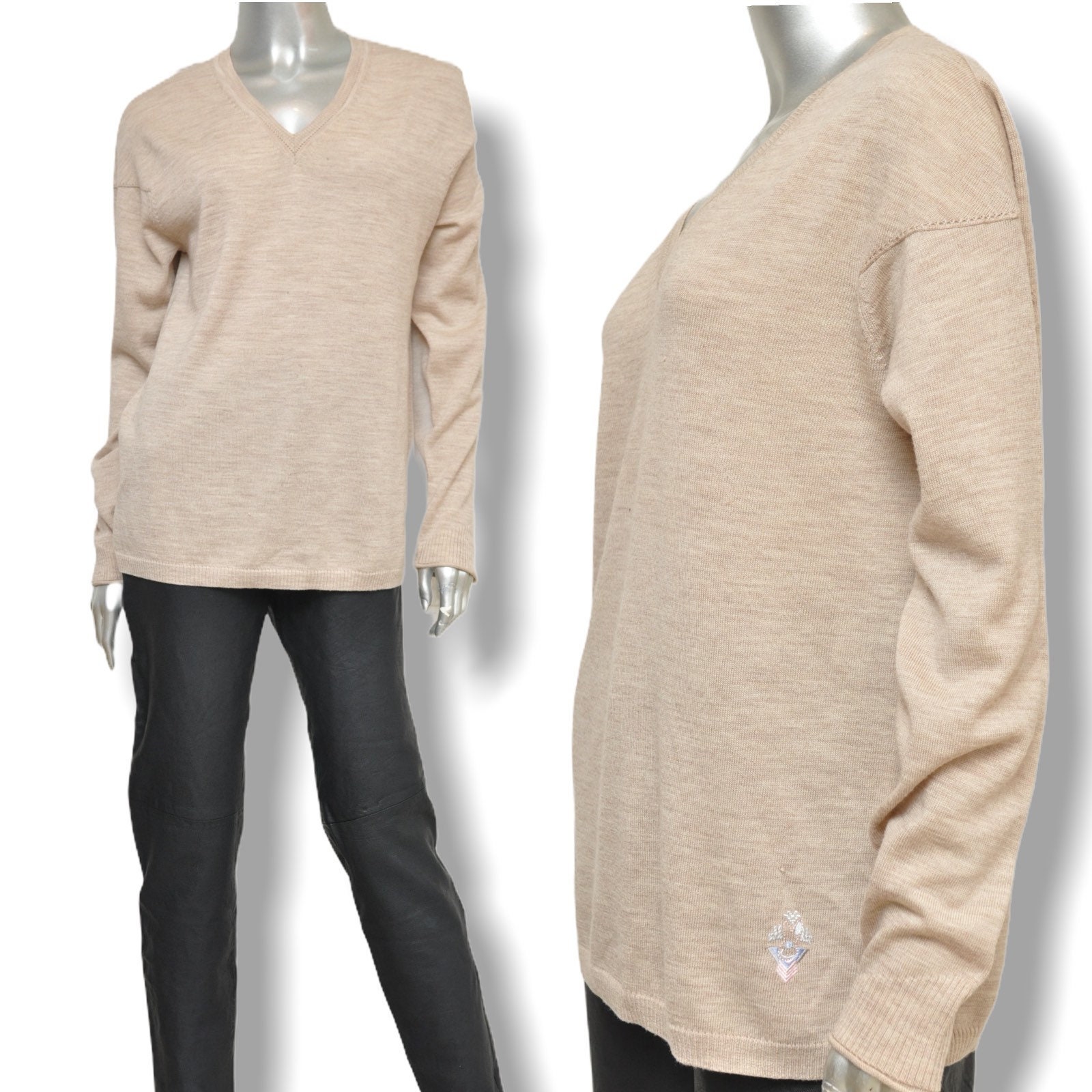 Christian Lacroix, Vintage Christian Lacroix Cream Beige V Neck Women’s Pullover Sweater Size L