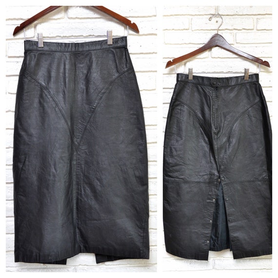 Vintage Black Leather Pencil Skirt Sexy Mid Calf S