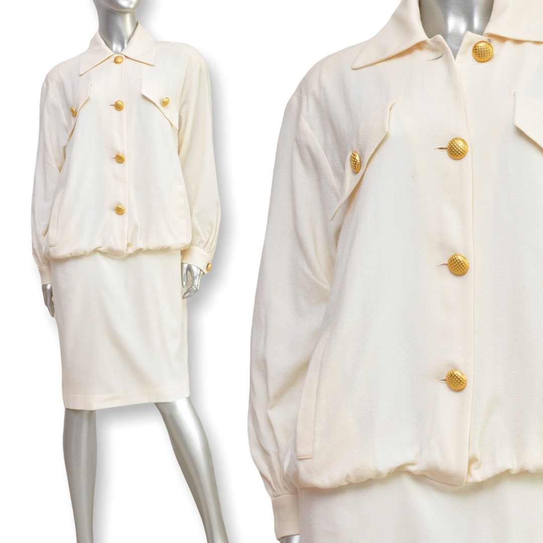 Vintage Cream Wool Dress With Gold Buttons Neiman Marcus Long Sleeve
