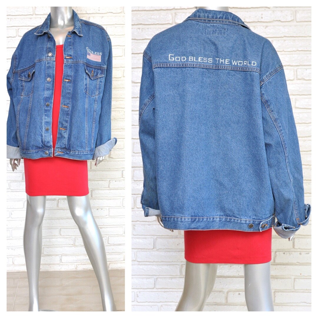 Vintage Oversized Jean Jacket God Bless the World Embroidered Etsy